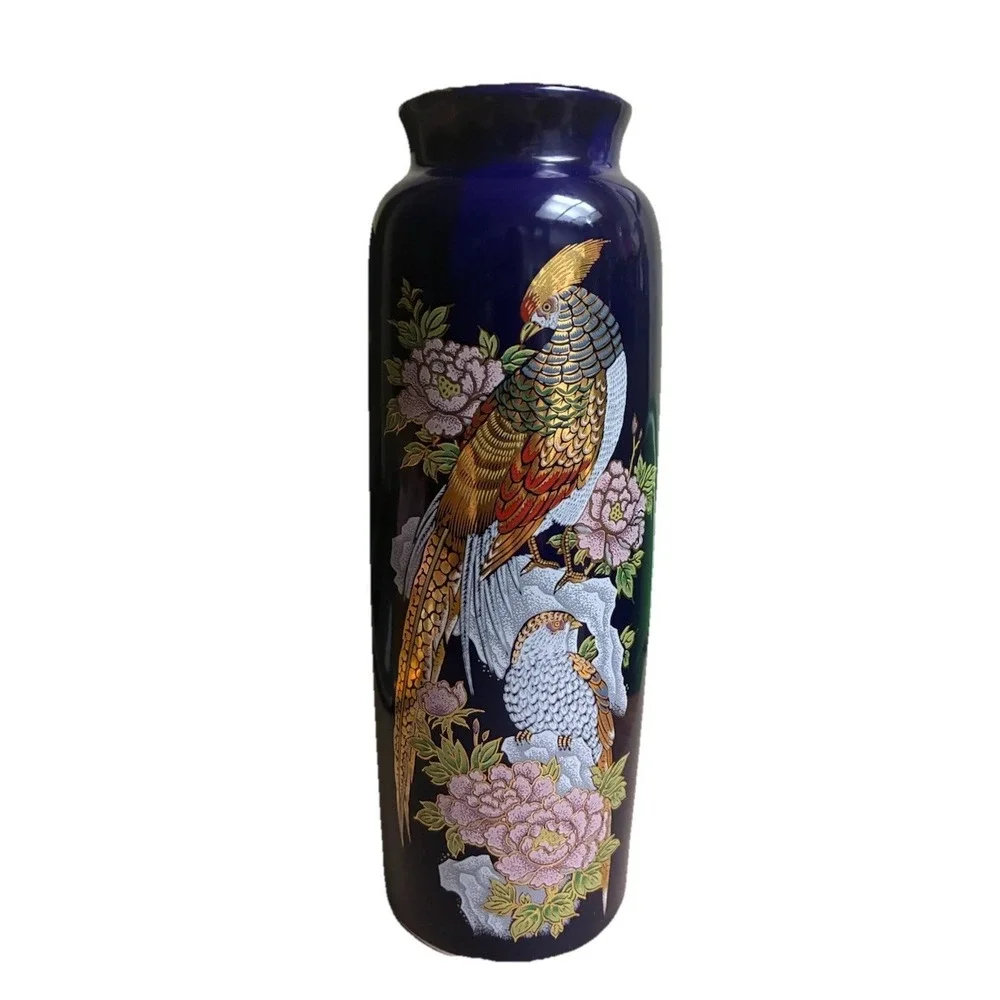 Vintage  Vase Cobalt‎ Blue Pheasant Kutani Style 9.5